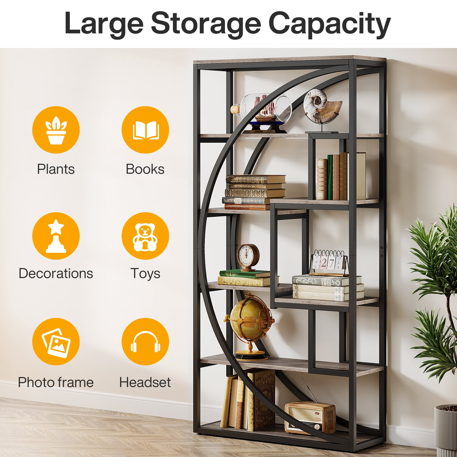 Tribesigns 70.8" Tall Industrial Bookshelf, 5-Tier Displaying Bookcases with 8 Open Storage Shelf for Home Office, Living Room, Bedroom, Gray