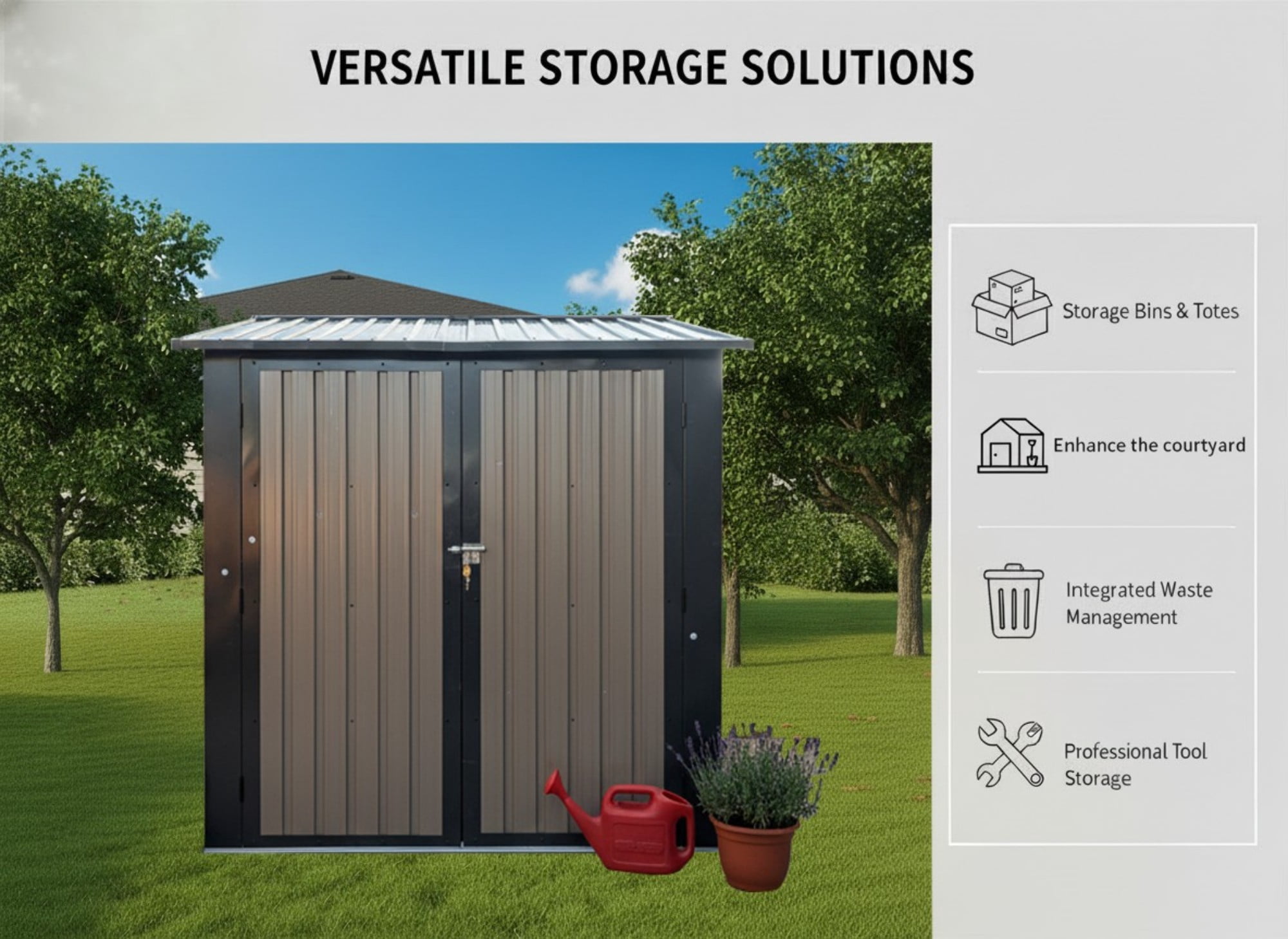 Aukfa 6x9 FT Metal Outdoor Storage Shed with Flower Rack&Lockable Doors, Waterproof Garden Tool Shed for Backyard Patio Lawn, Brown