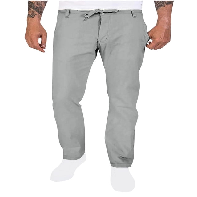 Pantalones de lino para hombre, largos, con cordón, bolsillos, cinturón elástico, rectos, lisos, para hombre