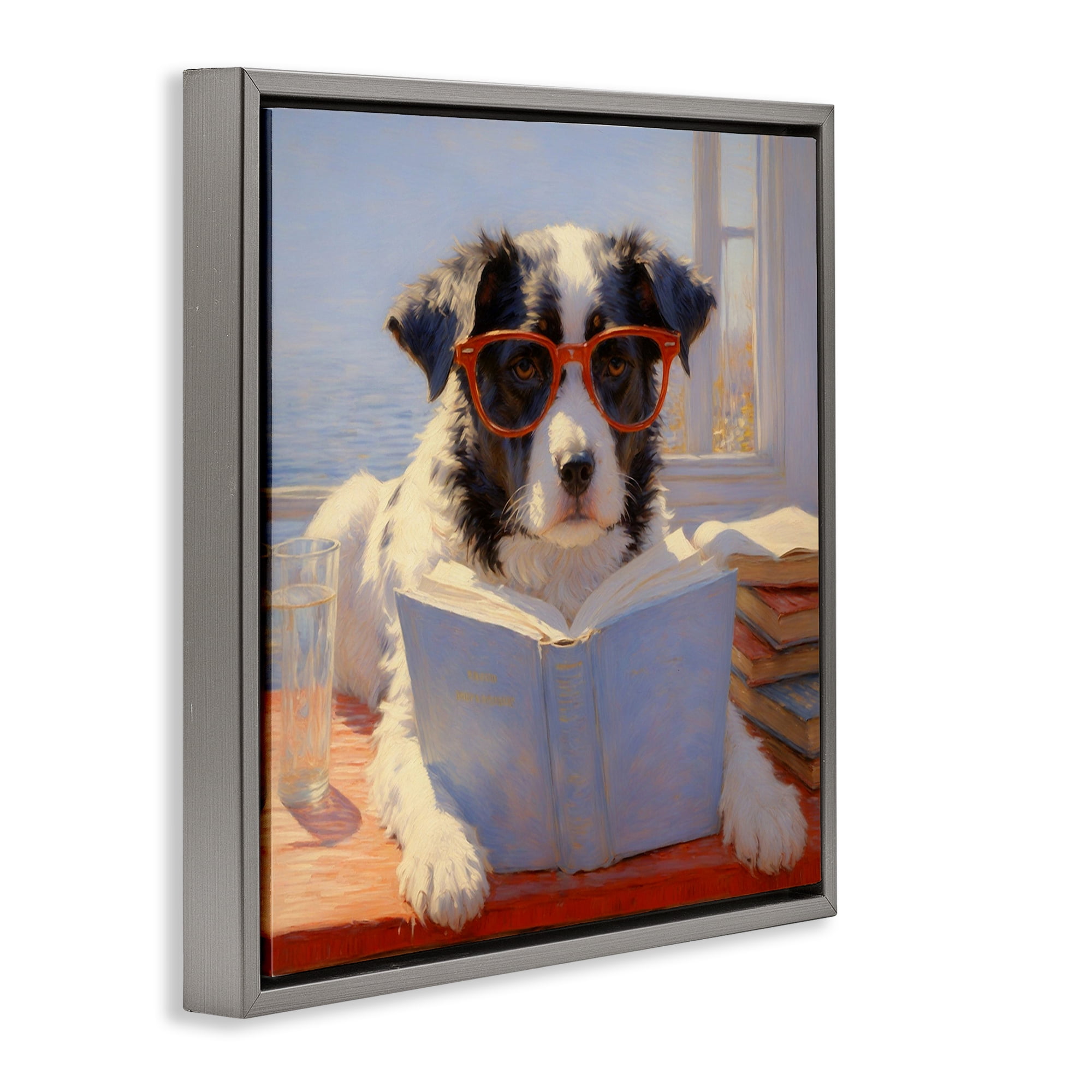 Stupell Industries Sunlit Dog Reading By Window Gray Framed Floater Canvas Wall Art, design by Angie Hawke