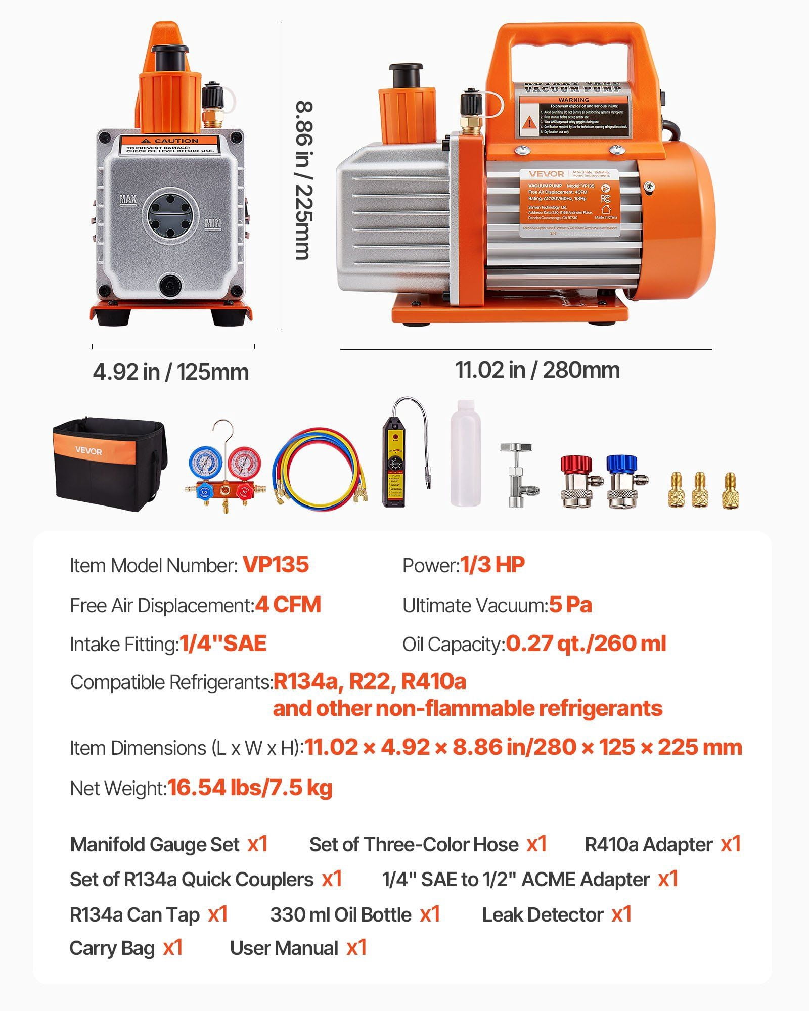 4 CFM 1/3 HP Single Stage Rotary Vane Vacuum Pump with HVAC Manifold Gauge Set for AC Refrigeration Recovery Recharging