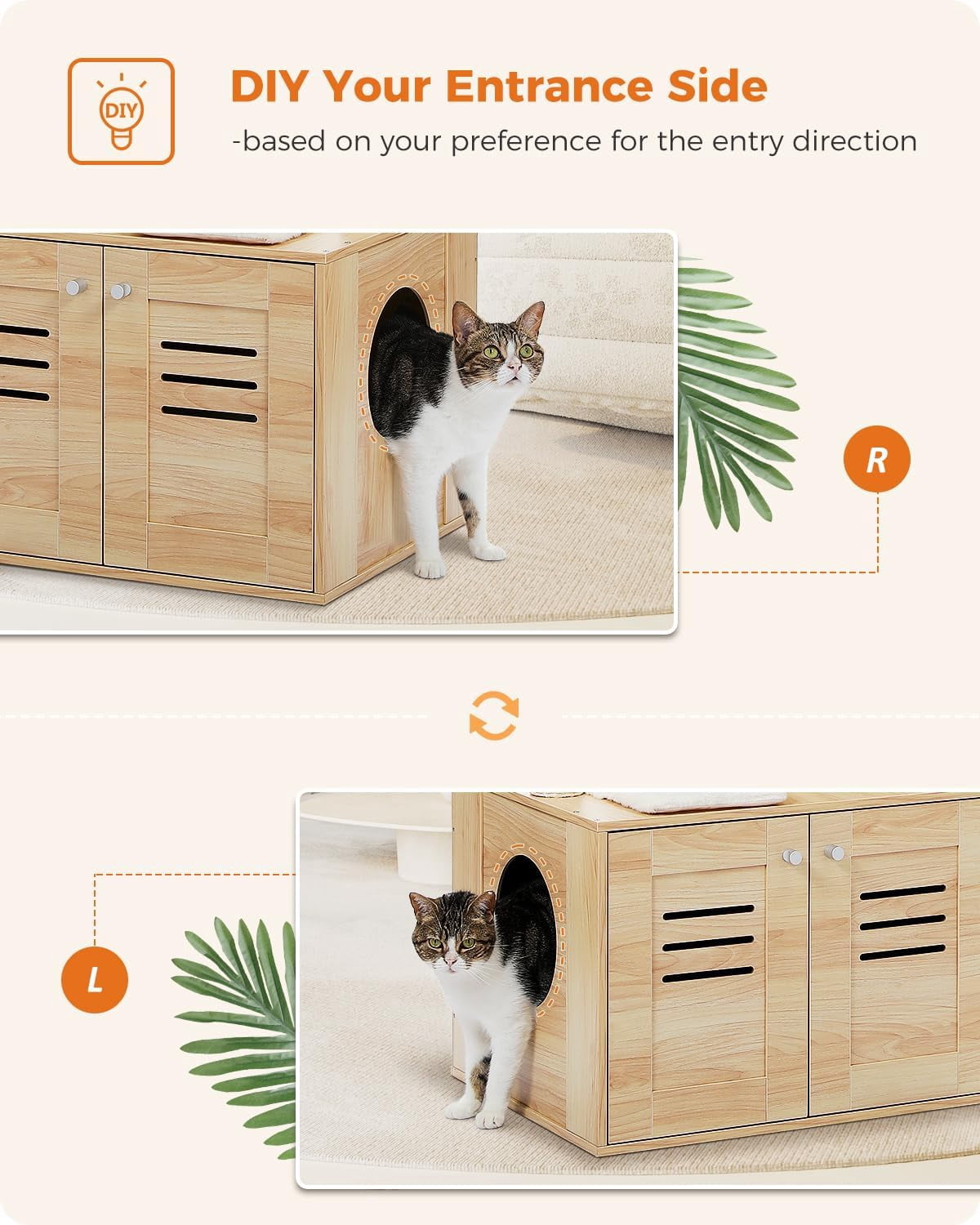 Cat Tree with Litter Box Enclosure, 50" Modern Cat Tree for Large/Fat Cats with Cat Condo, Wooden Cat Furniture with Large Hammock and Top Perch, Beige