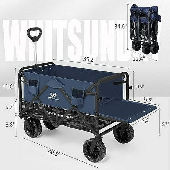 Collapsible Double Decker Wagon with Tailgate, Heavy Duty Foldable Wagon with All-Terrain Big Wheels, Beach Wagon for Camping, Sports, Shopping, Garden Dark Blue
