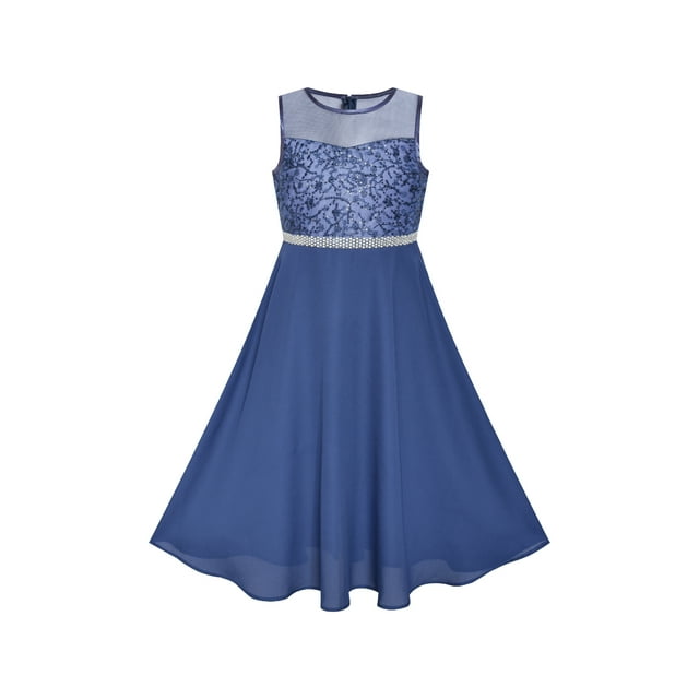 Robe Fille Classique Bleue en Chiffon Demoiselle d'Honneur Maxi Robe de Bal 7 Ans