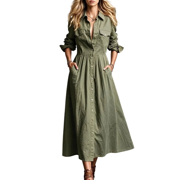 Risckoth Women's Collared Button Front Long Sleeve Gathered Waist Utility Flowy Casual Maxi Shirt Dress S-3XL
