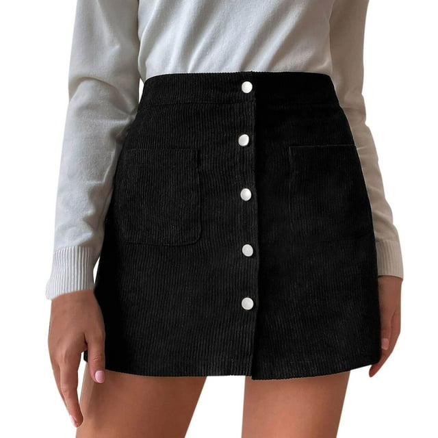 Gibobby Falda estampada para mujer Falda corta para mujer, falda sólida de cintura alta con cremallera para otoño e invierno, falda envolvente de pana a la cadera, falda sólid(Negro, M)