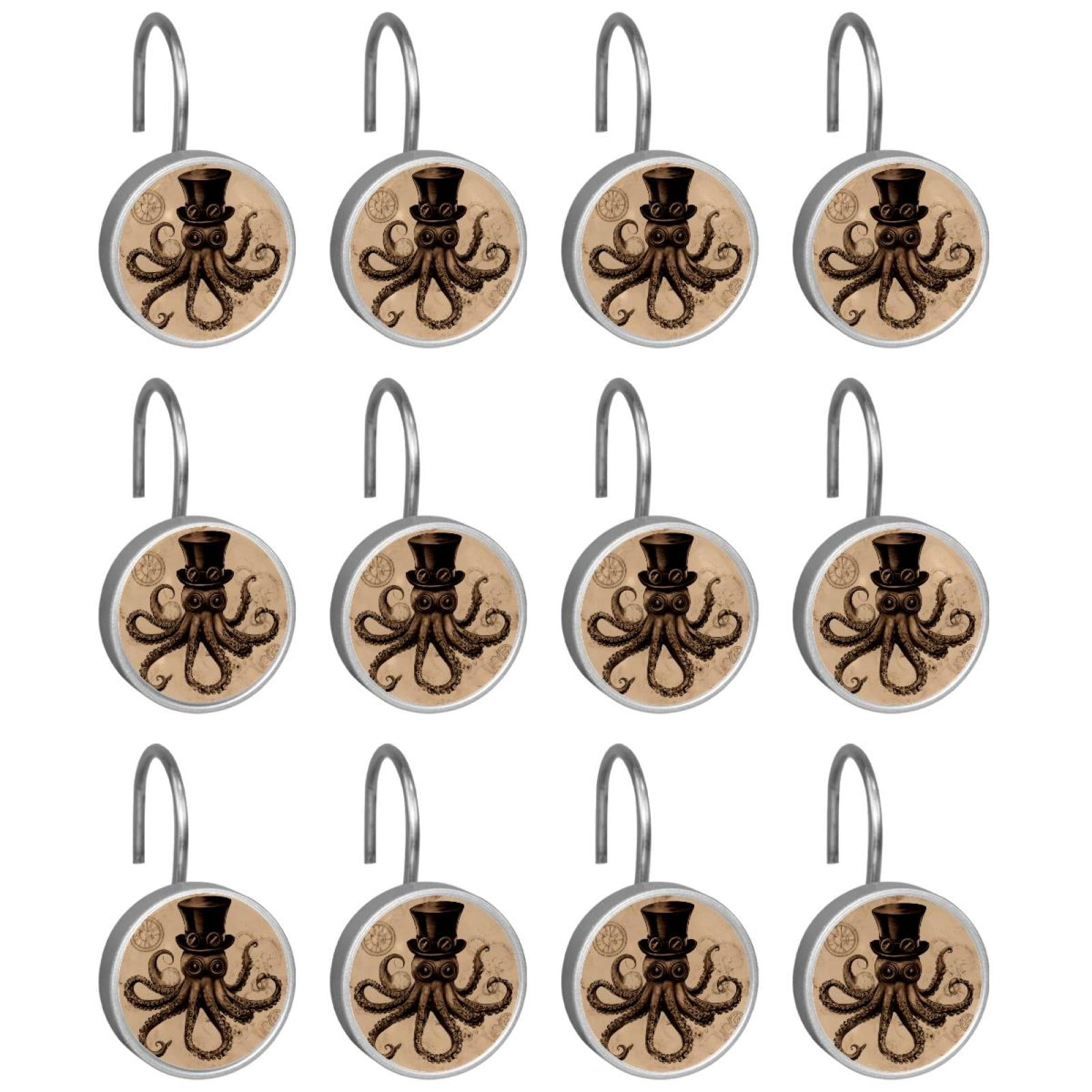 12pcs Decorative Shower Curtain Hooks, Rust Resistant Shower Rings for Bathroom Living Room,Rustproof Stainless Steel Rings for Shower Curtain and Liner Rods,Vintage Hat Octopus