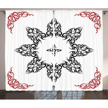Ambesonne Ethnic Curtains 2 Panel Set, Tattoo Circular Vector, 108" x 84", Black White and Ruby