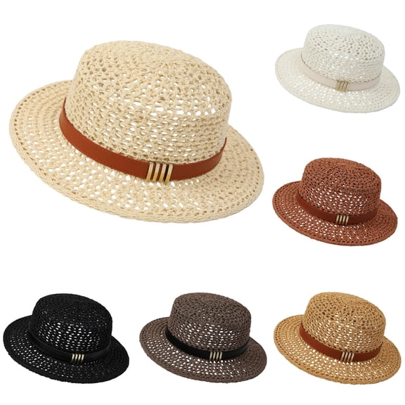 Women's Summer Retro Straw Fedora Hat Hollow Out Woven Flat Top UV Protection Sun Hat