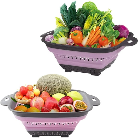 BAODELI Colander collapsible, BPA Free Silicone Food Strainer , Kitchen Folding Strainer, Perfect for Kitchen Food Draining Pasta Vegetable Fruit and Meat ,Square pink(2 PCS)