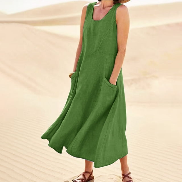 WILLBEST Robe Longue Décontractée pour Femmes, Couleur Unie, Col Rond, Poches, Robe Débardeur Quotidienne