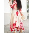 thumbnail image 4 of Women'S Autumn Floral Dress Boho Long Sleeve Lapel Midi Sundress Flowy Dress Red (With Belt) L, 4 of 8