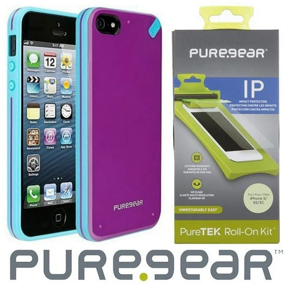 Case with Screen Protector for iPhone 5, PureGear [Purple/Turquoise] SlimShell Hard Cover   Puretek Roll-On Screen Guard for Apple iPhone 5/5s/SE 2016