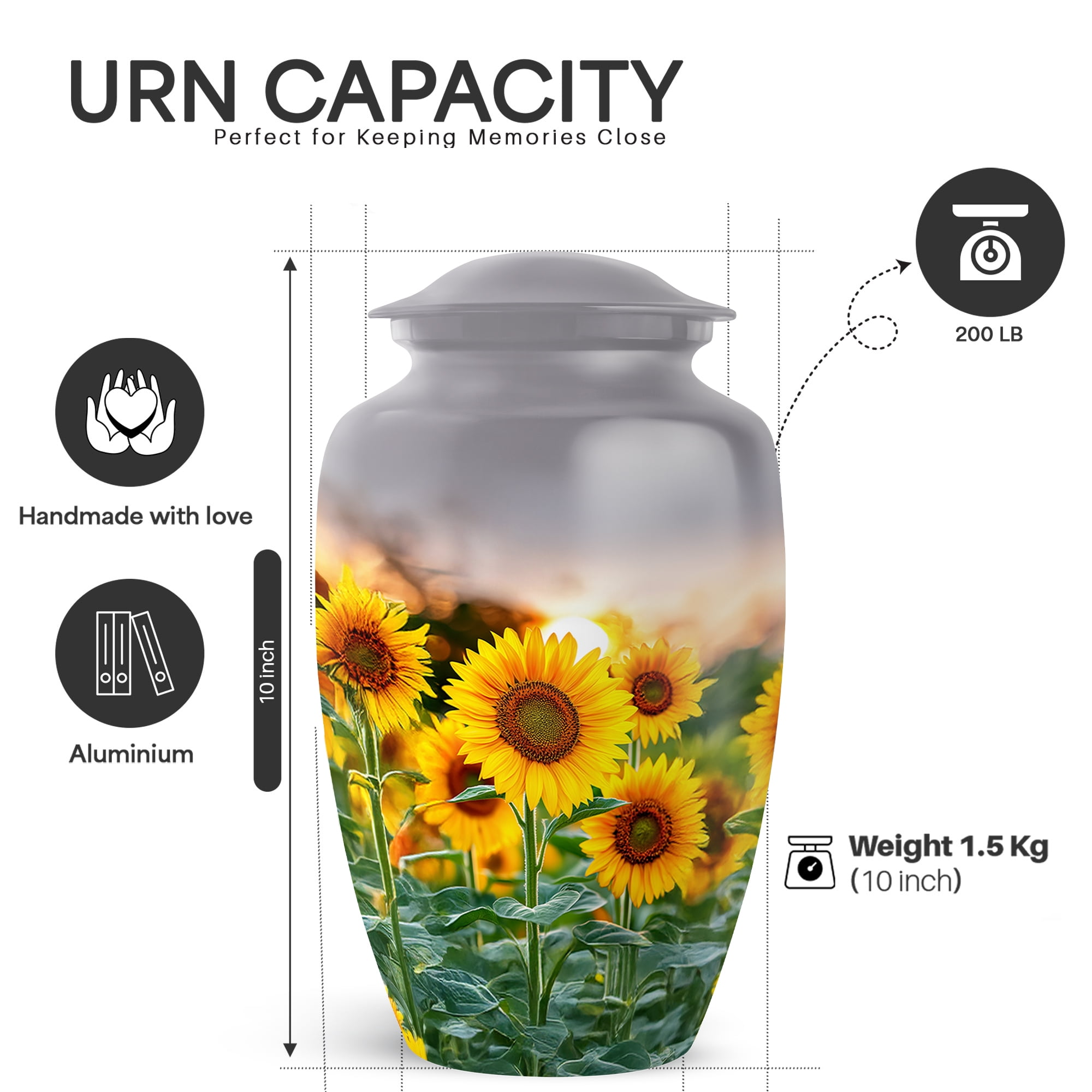 Yatskia Sunflower with Sunset Memorial Urn for Adult Ashes Mother and Father, Large Funeral Urns for Human Ashes Adult , (Classic Large, 10 Inch)