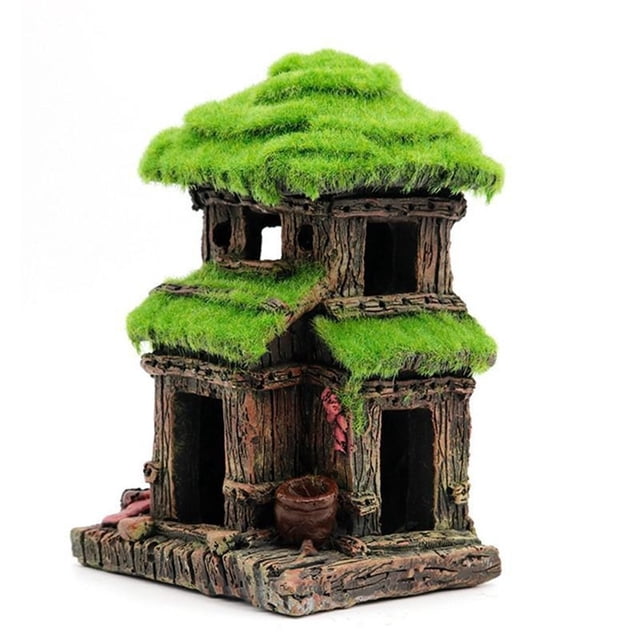 Fish House - Aquarium Decoration with Lifelike Moss, Comes Fish Tank Accessories witth Big Hole for Fish Sleep Rest Hide and Play
