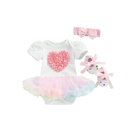 

FINELOOK Newborn Summer Romper Heart/Rabbit Ruffled Bodysuit Shoes Headband Heart Colorful 3-6 Months