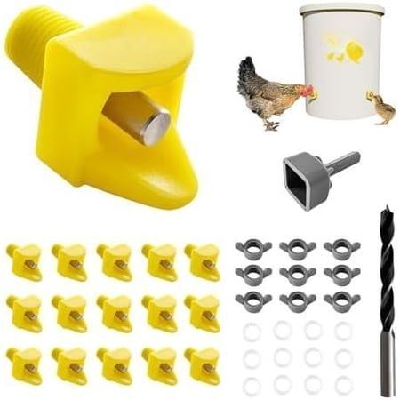 Chicken Waterer Nipples Pack of 15 Horizontal Side Mount Anti-Leak Automatic Water System for Poultry Suitable for Chickens Duck Quail Includes Drill Bit & Installation Tool