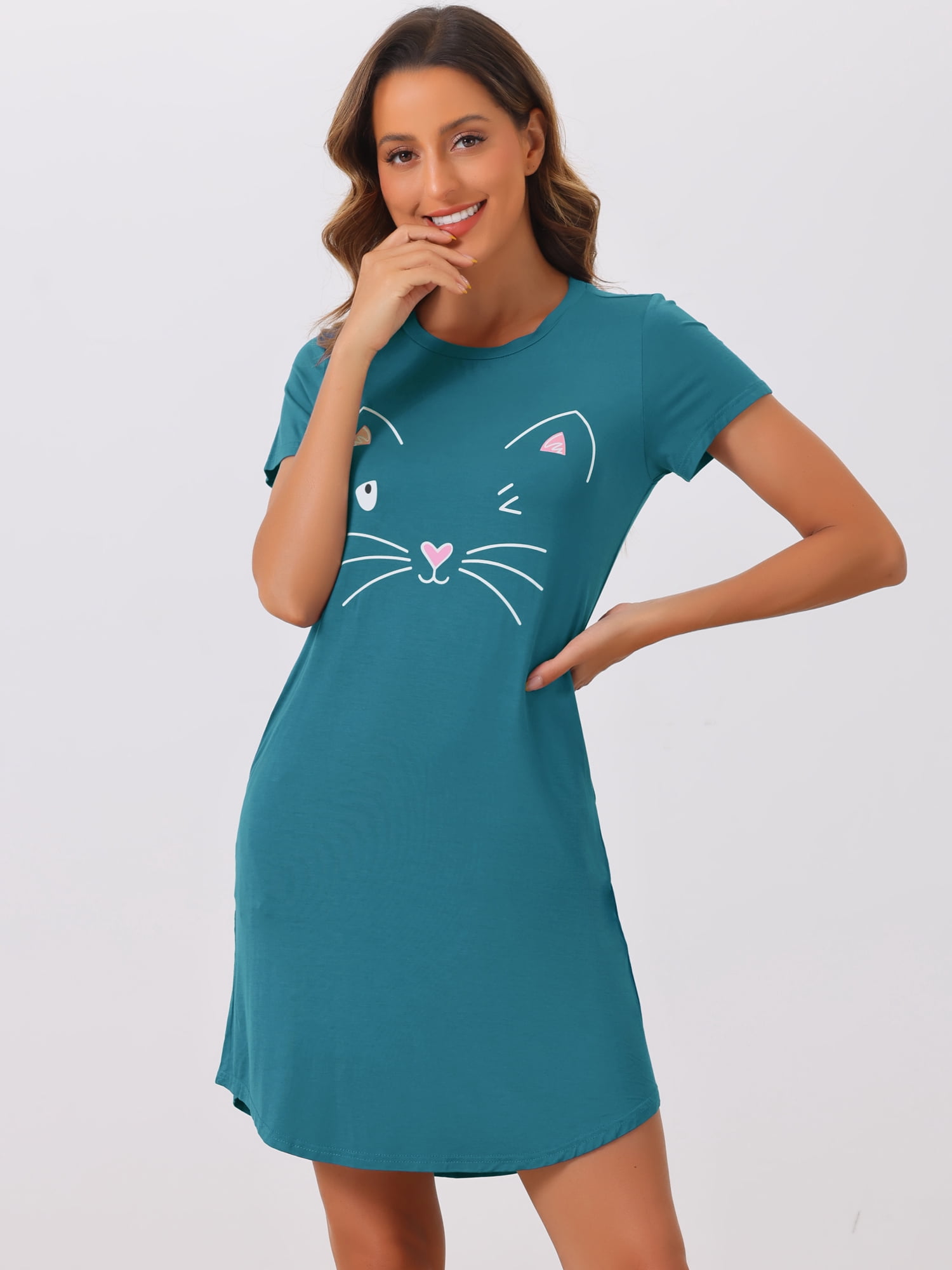 DARING DIVA Women's Cats Cute Printed Short Sleeve Nightgowns XL Peacock Green