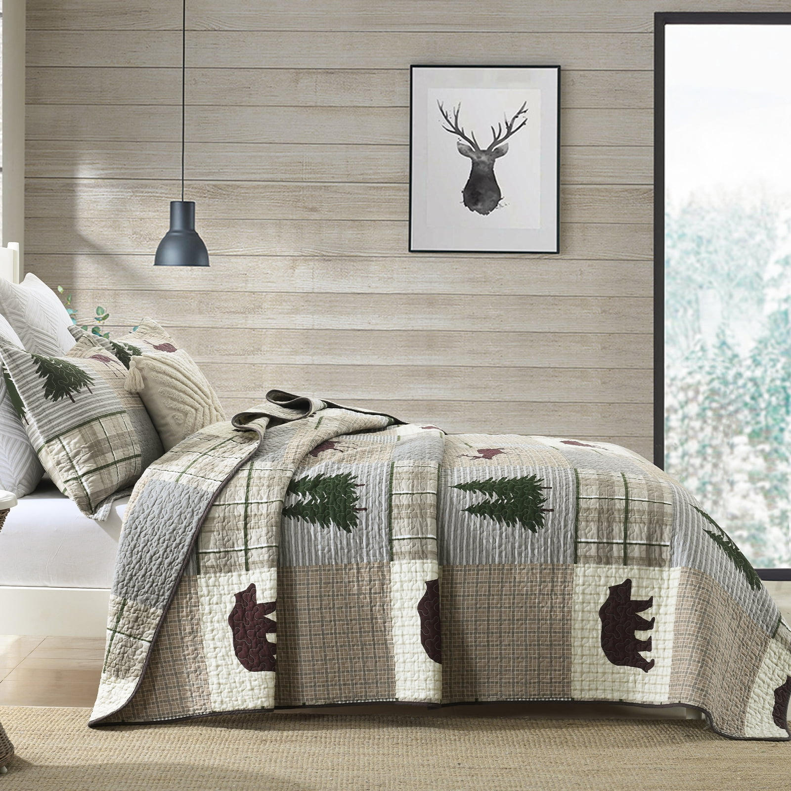 DDUOXIN Farmhouse Cotton Queen Quilt Set - 100% Cotton Brown Gray Patchwork Plaid Rustic Cabin Queen Size Bedspread, Neutral Lightweight Reversible Quiltd Coverlet Set with 2 Pillow Shams, 3 Piece