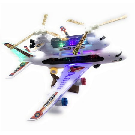2-in-1 Kids Airplane & Helicopter Toy Bump & Go Action Airplane Toy Airliner Airbus w/ Attached Rescue Helicopter , Flashing 4D Lights & Jet Engine Sounds | Take-A-Part Airplane Toy For