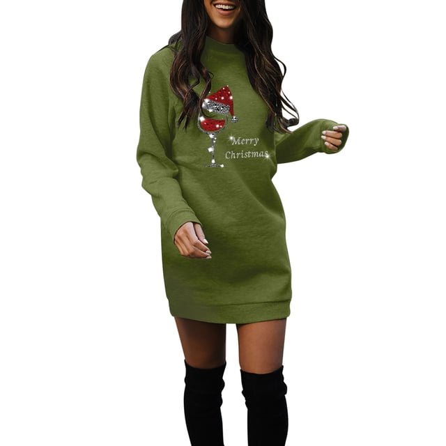 Kcodviy Femmes Joyeux Noël Lettre Robes d'Affaires Décontractées Imprimé Chandails Manches Longues Maxi Robe de Plage Col Rond Léger Midi Chandail Portefeuille Robe d'Été