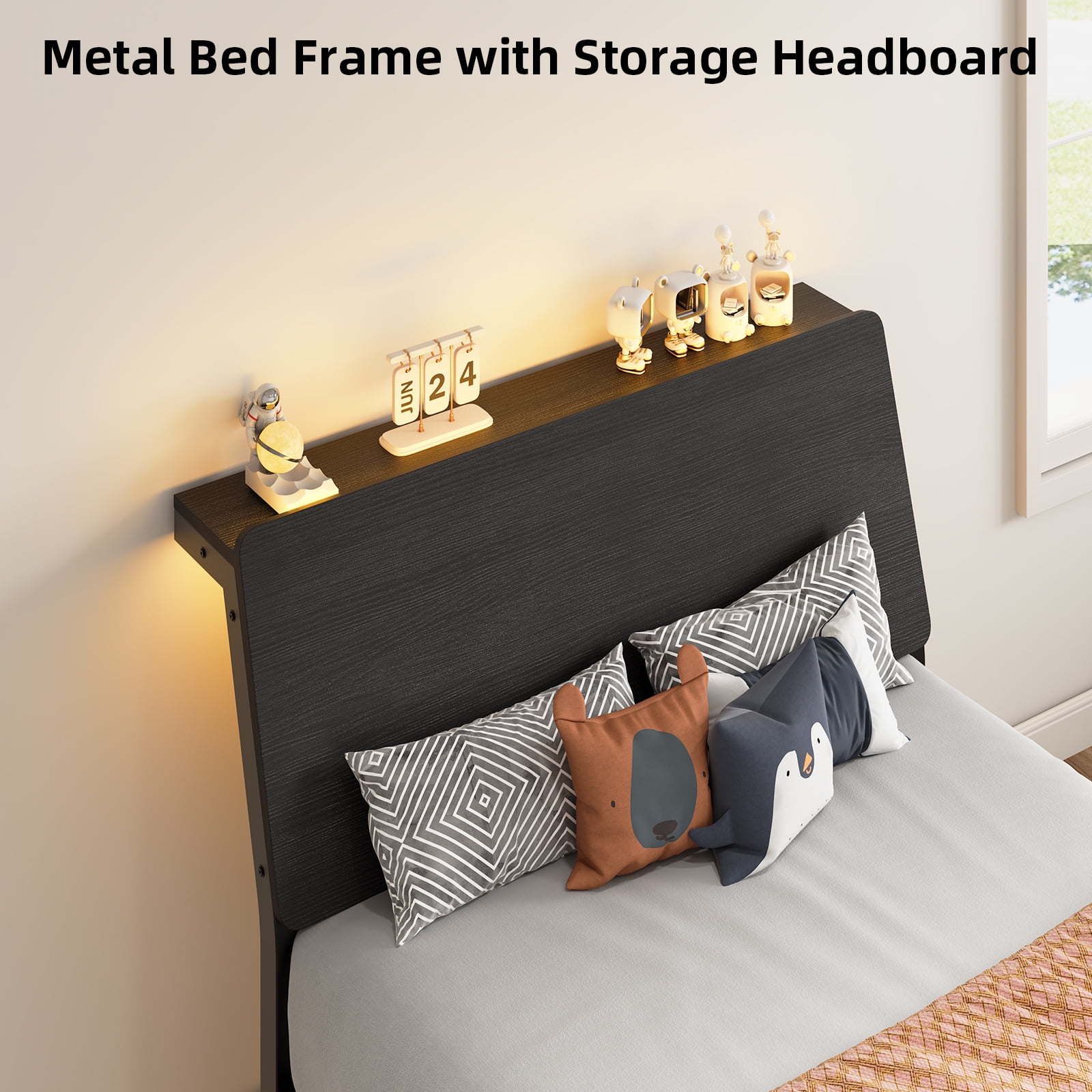 4 EVER WINNER Twin Bed Frame with Storage Headboard and LED Light, Metal Platform Bed Frame with Wooden Headboard, No Box Spring, Black