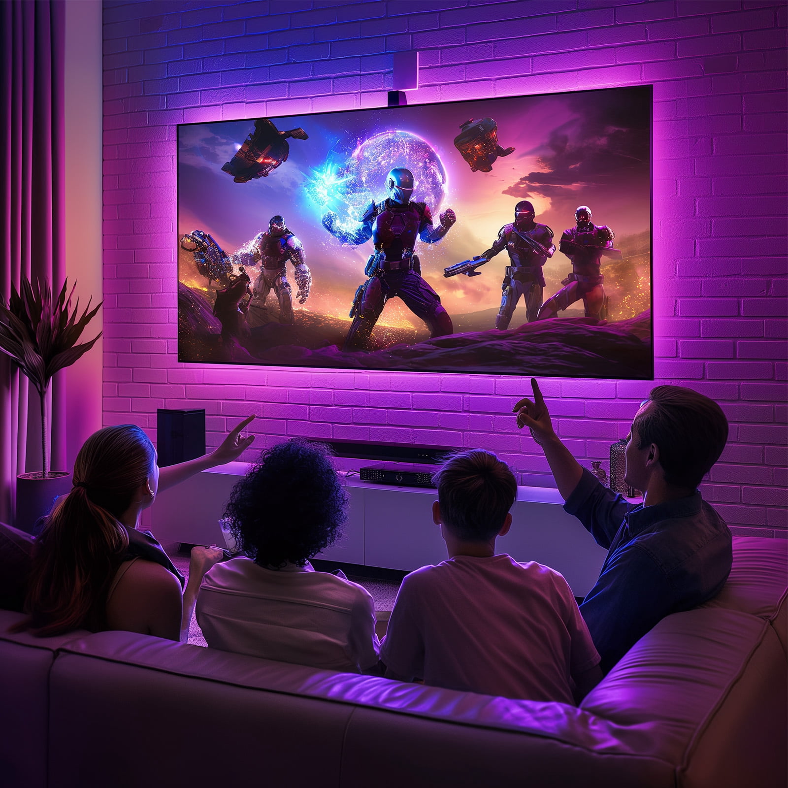 MountFTV Full Motion TV Wall Mount with Music-Sync RGB Light for 42-90" TVs up to 150 lbs, Fits 24″/16″ /12″ Wood Studs, Max 600x400mm, TV Wall Mount Bracket with Dual Articulating Arms, Swivel, Tilt