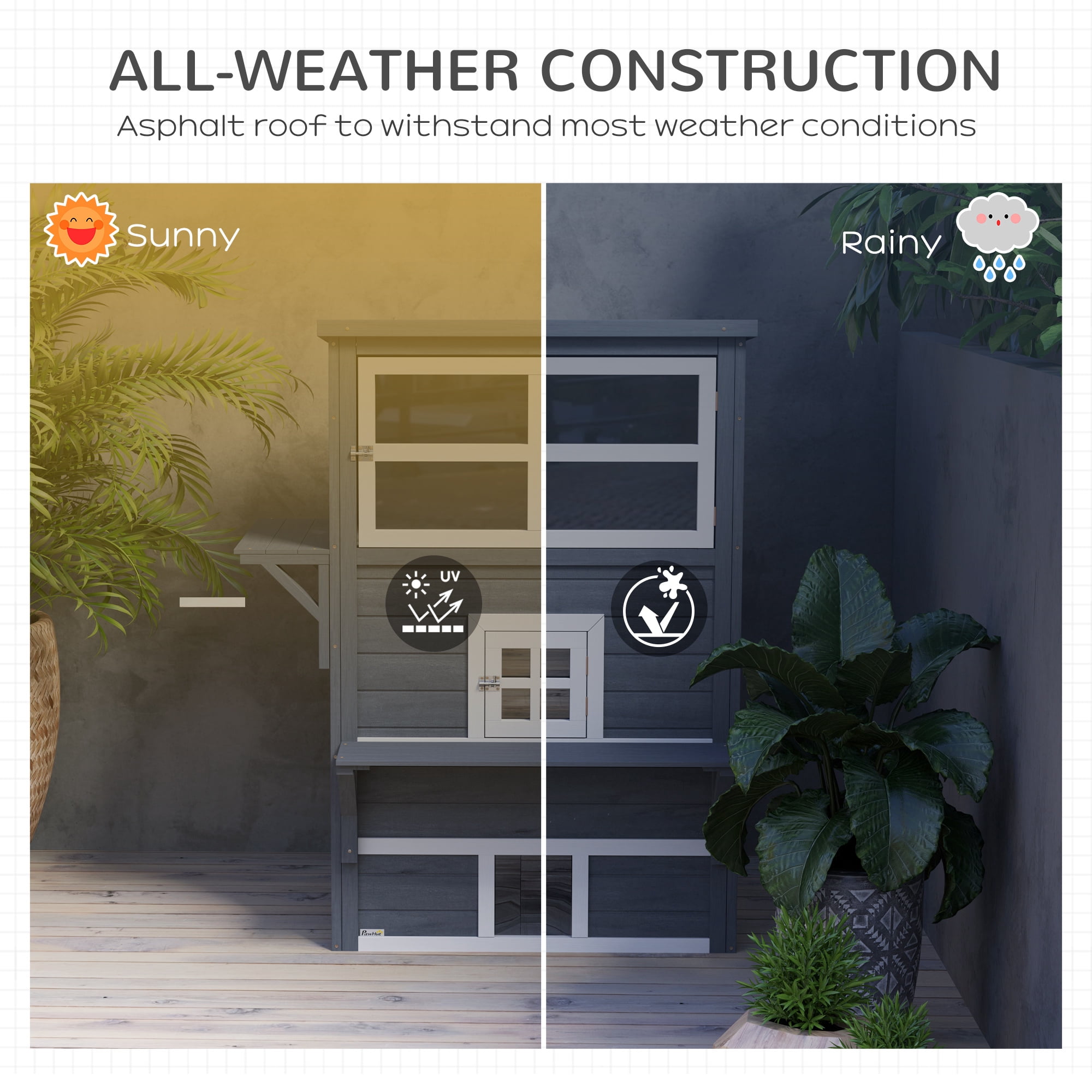 3-Story Cat House Feral Cat Shelter, Outdoor Kitten Condo with Raised Floor, Asphalt Roof, Escape Doors, Jumping Platforms, Dark Gray