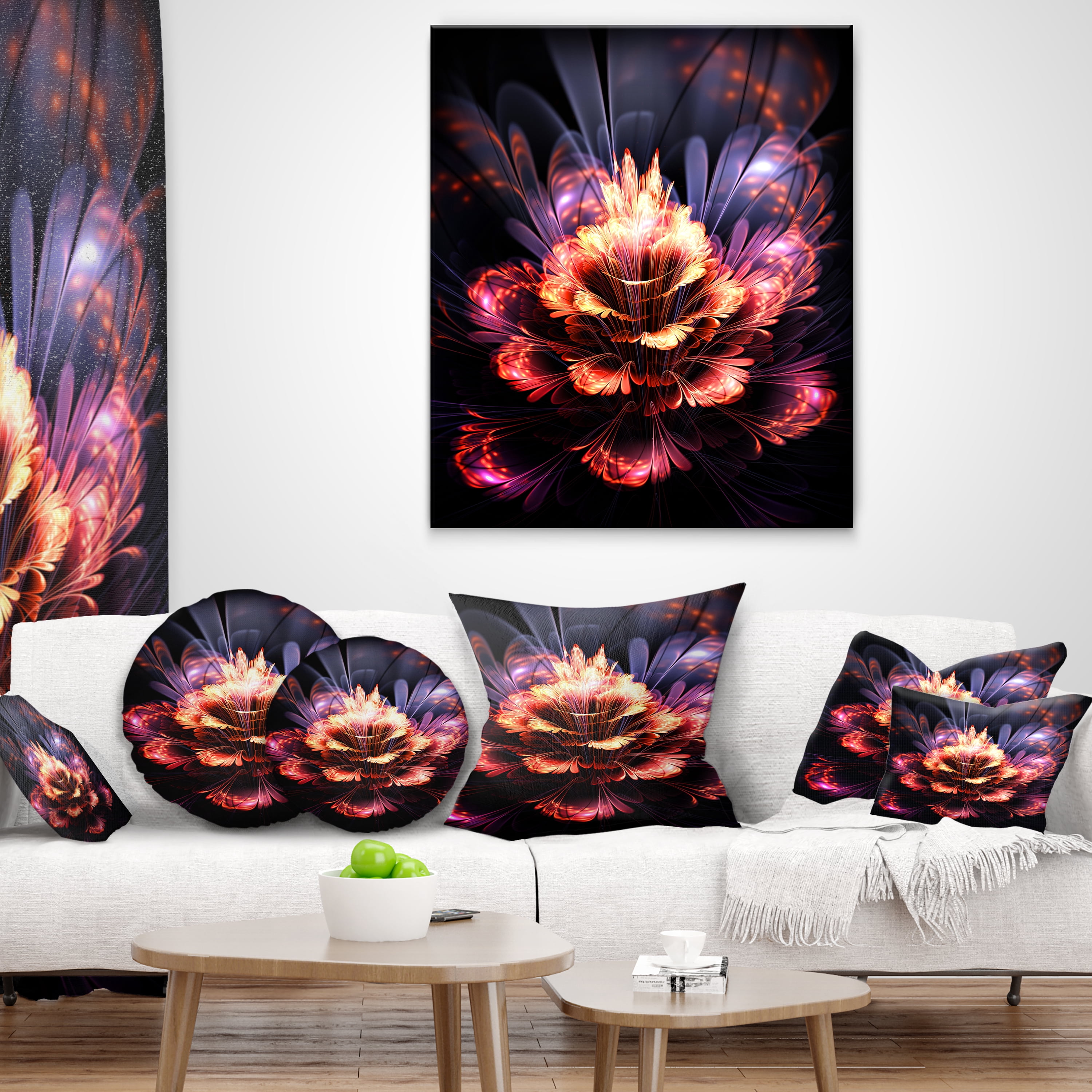 Designart Fractal Flower Orange and Purple - Floral Throw Pillow - 16x16
