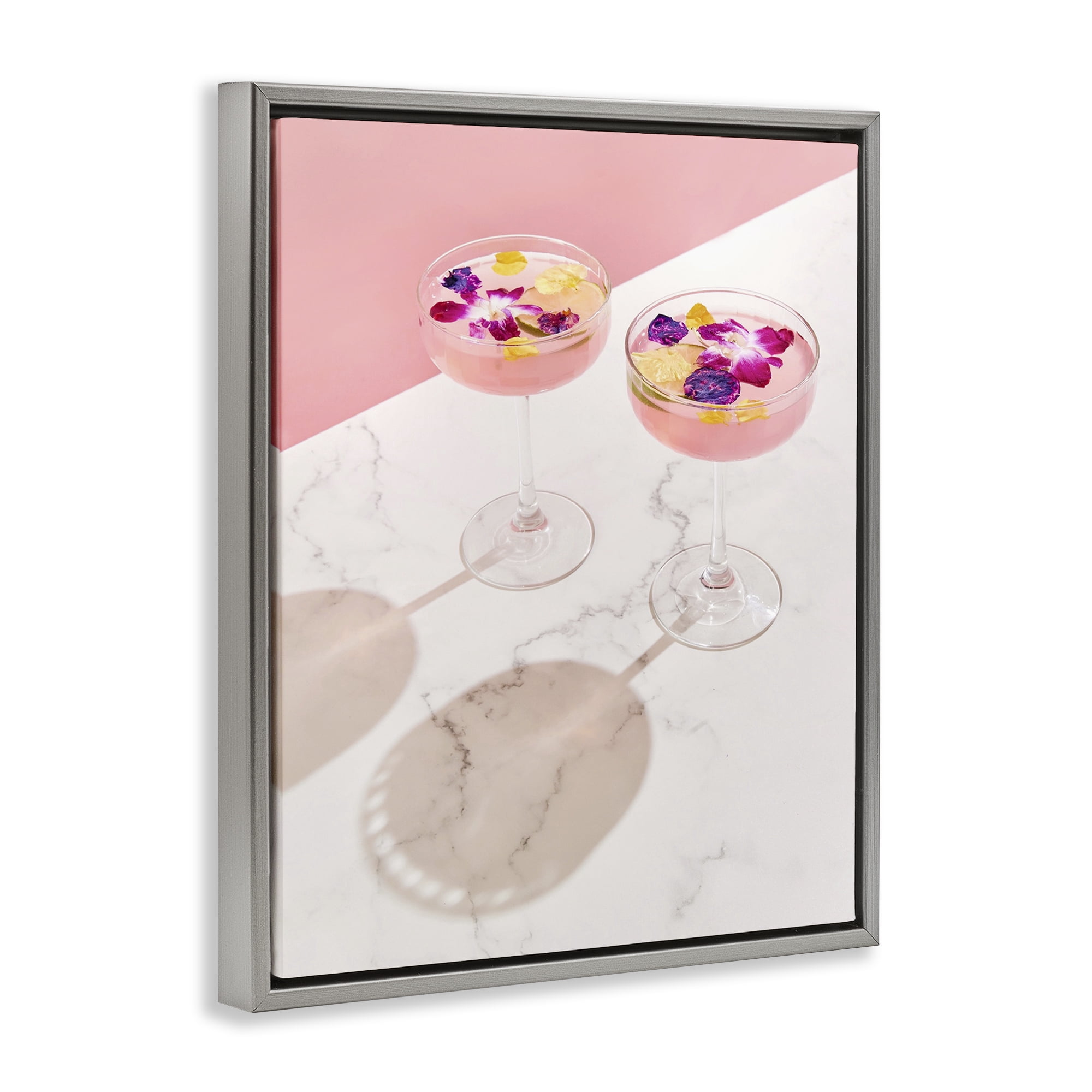 Stupell Industries Pink Floral Cocktails Food & Beverage Painting Gray Floater Framed Art Print Wall Art, 25 x 31