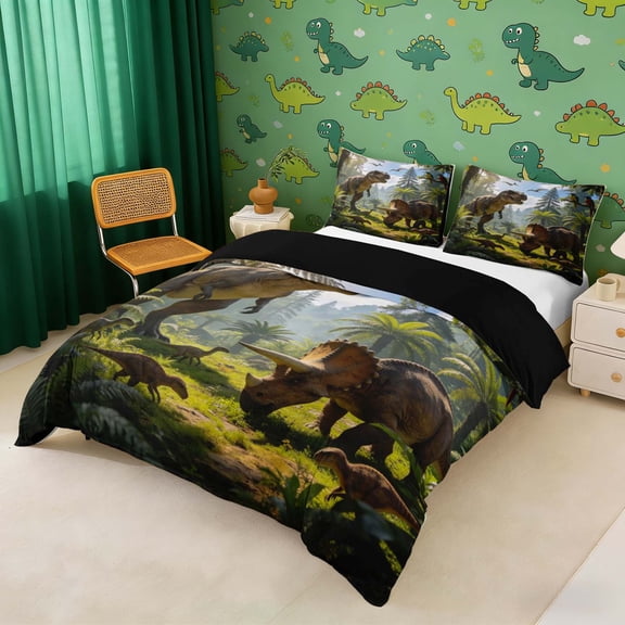 Erosebridal Tyrannosaurus Rex Pterosauria Duvet Cover Set, Triceratops Dinosaur Bedding Full, Reversible 3pcs 1 Duvet Cover and 2 Pillowcases (No Comforter)