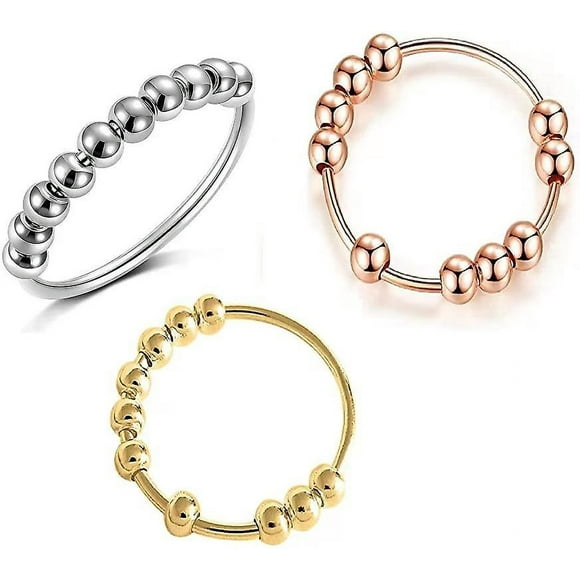 Anxiety Rings With Beads,Adjustable Rotatable Beaded Ring Finger Inspirations Spinner Fidget Ring For Women Mens(3Pcs)