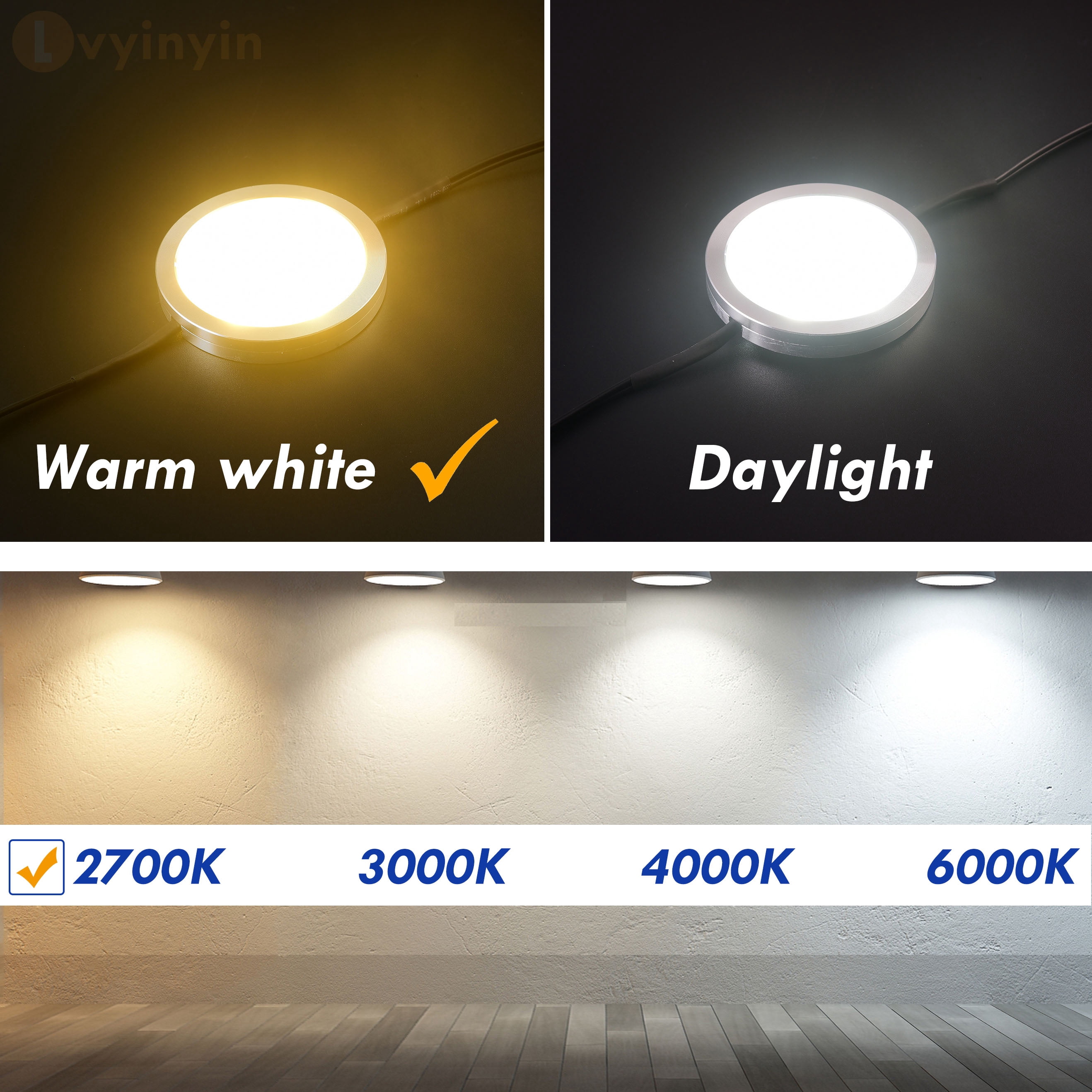 Lvyinyin Liquor Glass Shelf, China Cabinet Display & Decoration Light Fxiture, In Series Linkable Round LED Puck, Rotary Dimmer Switch, 110V Hardwired & Wall Plug in, 6-light-kit, Warm White 2700K