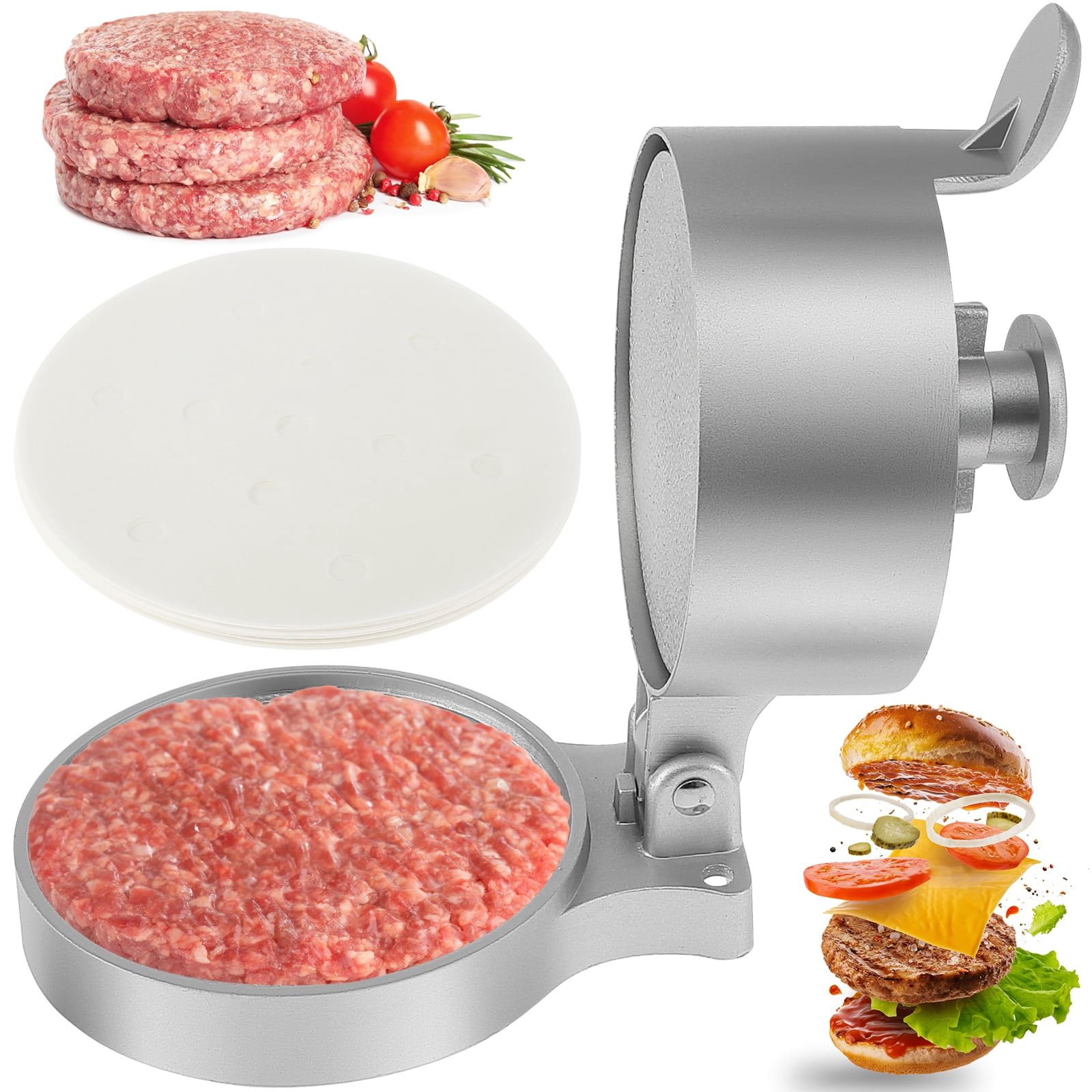 Evjurcn Burger Press with 100 Patty Paper Adjustable Thickness Hamburger Press Patty Maker Non-Stick Hamburger Patty Maker Mold Aluminum Alloy Burger Press Patty Maker for Grilling and Cooking
