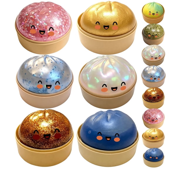 Dumpling Squish*y Mystery Box Clearance, Glitter Dumplings Stress Balls Fidget Sensory Toys,Squeeze Dough Ball Stress Relief Hand Toys with Food Steamer Stretchy Desk Toys