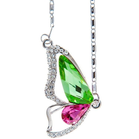 Rhodium Plated Necklace with Butterfly Wing Design with a 16 Extendable Chain and High Quality Pink and Green Crystals by Matashi