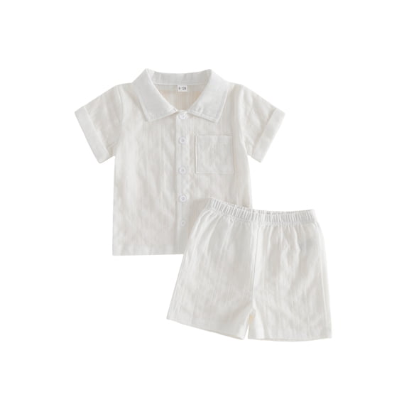 BemeyourBBs Toddler Baby Boys Summer Clothes Infant Baby Boys 2 Piece Summer Outfit Solid Color Eyelet Lapel Short Sleeve Button Down Shirt Top and Shorts 2Pcs Set