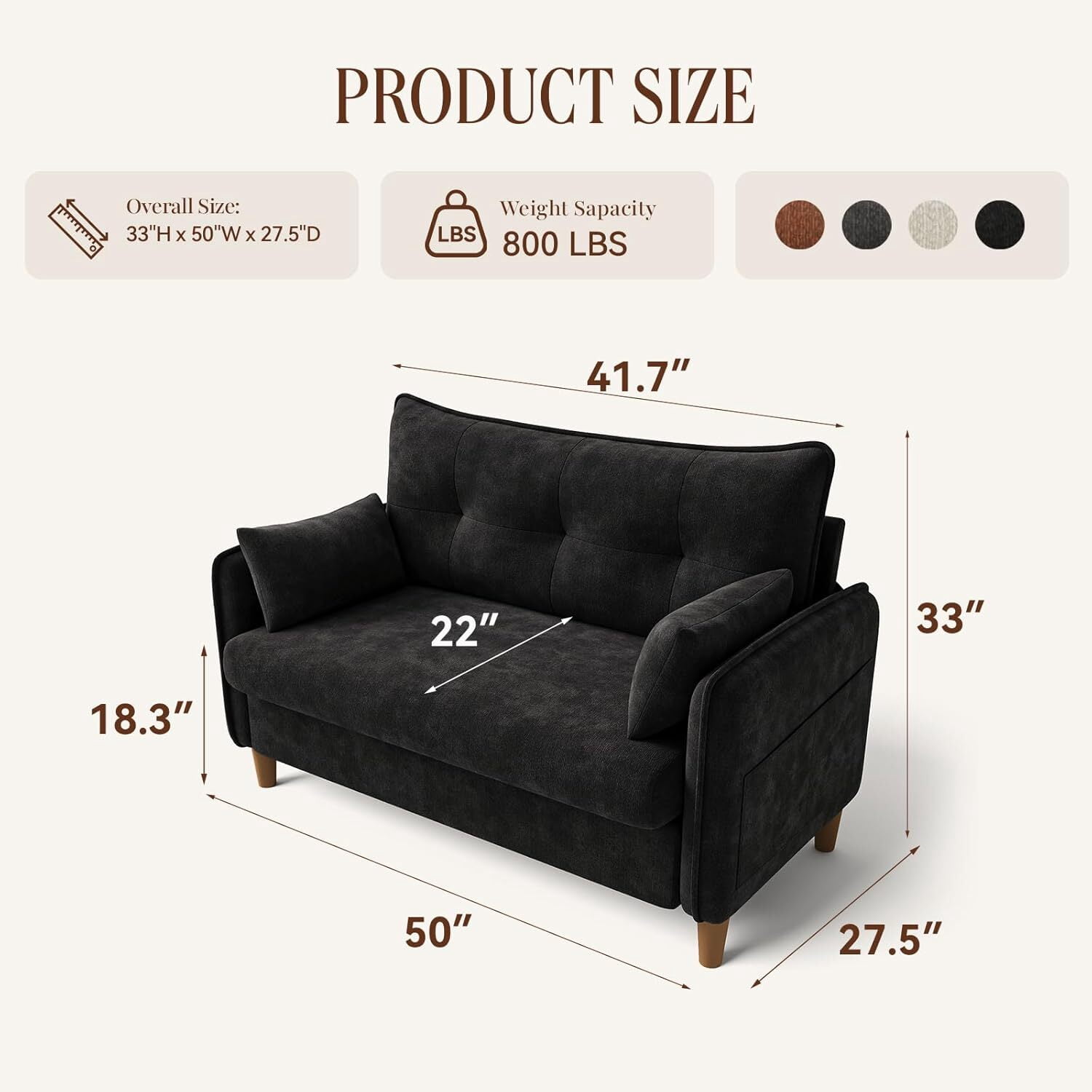 Gacale 50" Loveseat Sofa with Tufted Design, Modern Small Couch for Small Spaces, Compact 2-Seat Fabric Loveseat for Bedroom & Apartment, Black