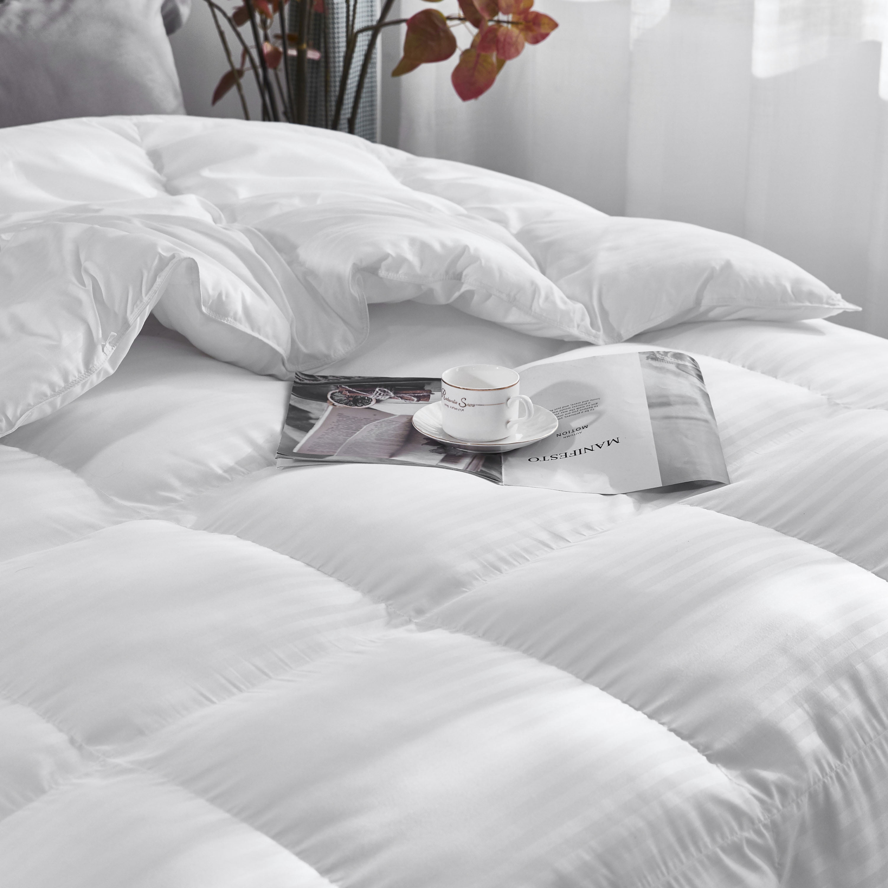 Three Geese Duvet Insert Down Alternative Comforter Queen Size, Soft Lightweight Quilted All Season Bedding Comforter with 8 Corner Tabs, Hypoallergenic & Machine Washable ( White  Stripe, 90"X90")
