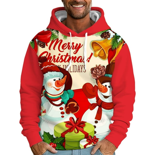 LUOGENLI Mens Hoodies Blanket Men's Autumn and Winter Christmas Theme Printed Sweatshirt Long Sleeve Pocket Long Sleeve Hoodie Sweatshirt Tops Mens Hoodies Zip up Big and Tall Brick Red Size L