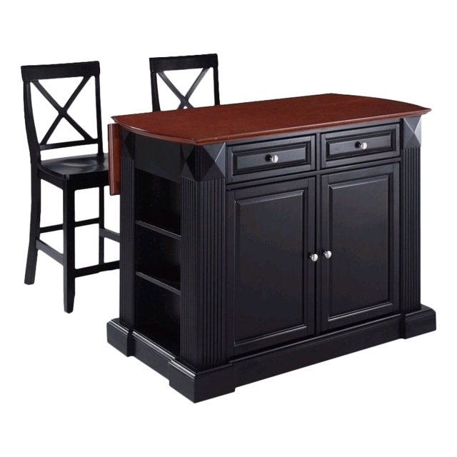 Crosley Coventry Drop Leaf Kitchen Island with X Back Stools in Black