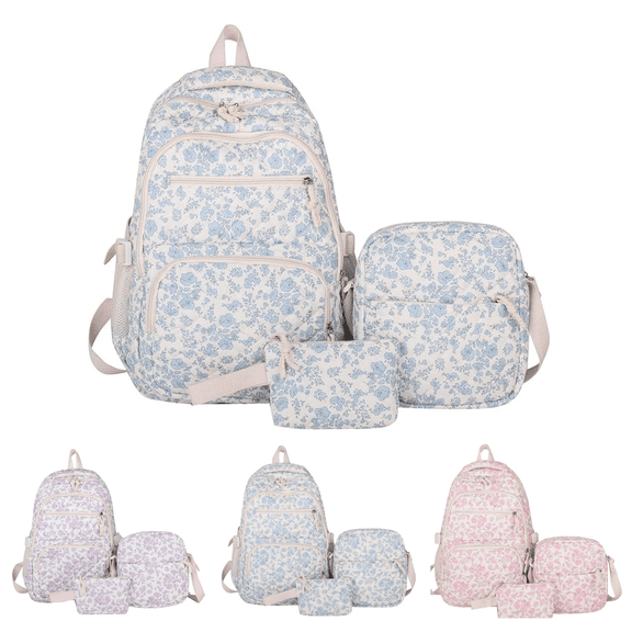 Soft Patchwork Floral Print Backpack Combo Multi Pocket Quilted Laptop Backpack with Matching Shoulder Bag Cosmetic Bag for Women Daily Use