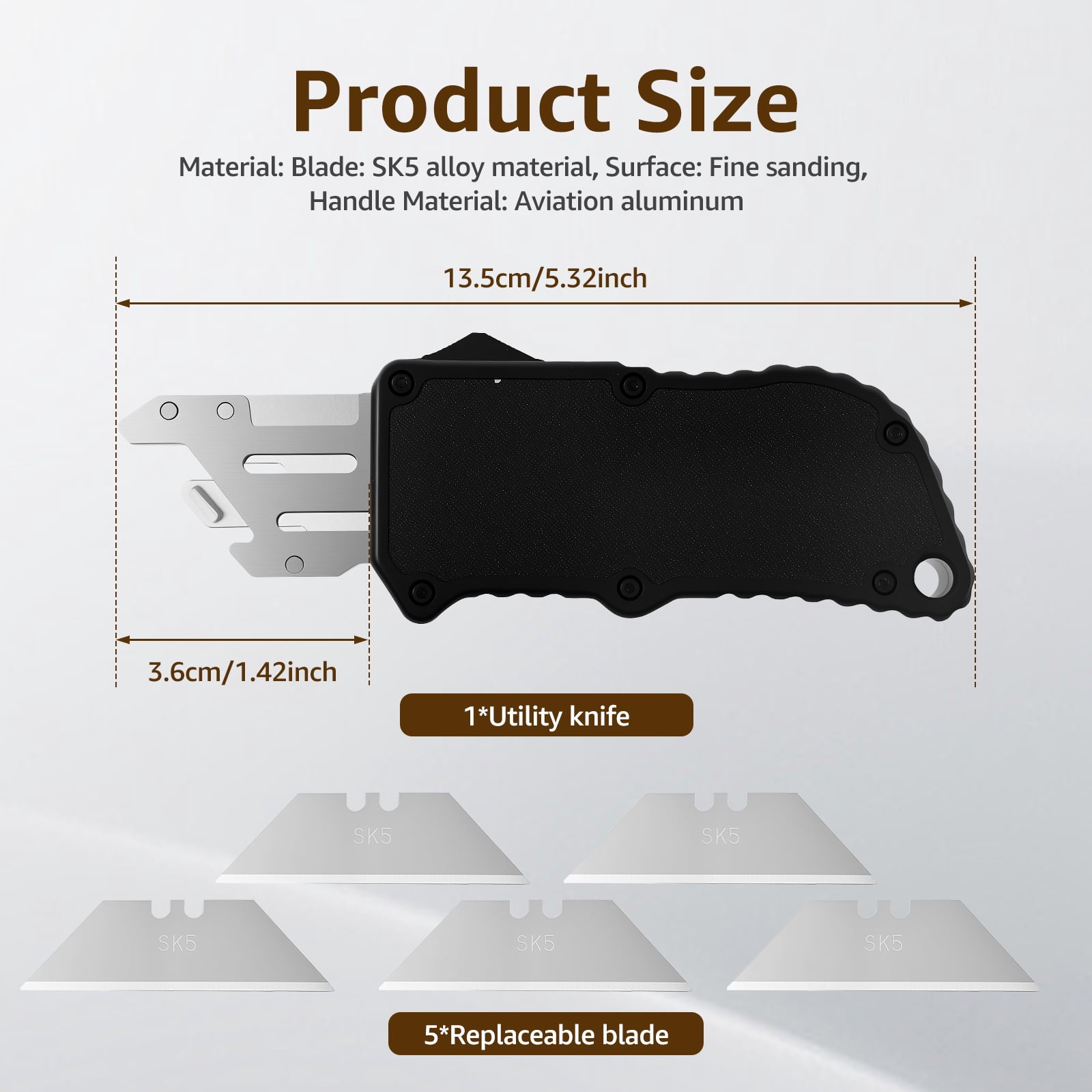 Aviation Aluminum Utility Knife Portable Craft Utility Knives with 5 Spare Blades Retractable Box Cutter with Clip for Home Office Crafts Arts