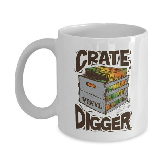 Crate Digger Graphic Vinyl Crate Art Coffee & Tea Gift Mug, Cup Dcor, Stuff, Accessories, Crate Digging Gifts For A Disc Jockey Or DJ, Vintage Hip Hop Music Lover Or Hiphop Record Lovers Men & Women