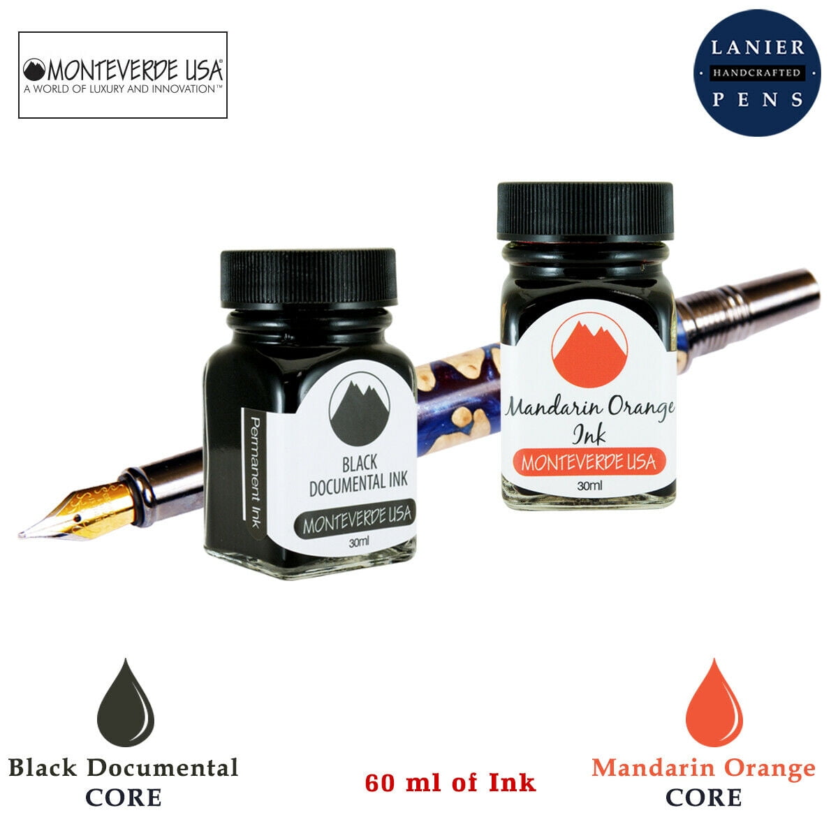 Monteverde 60ml Core Fountain Pen Ink Bottle (30ml Black Documental Ink Bottle G309DB, 30ml Mandarin Orange Ink Bottle G309MO)