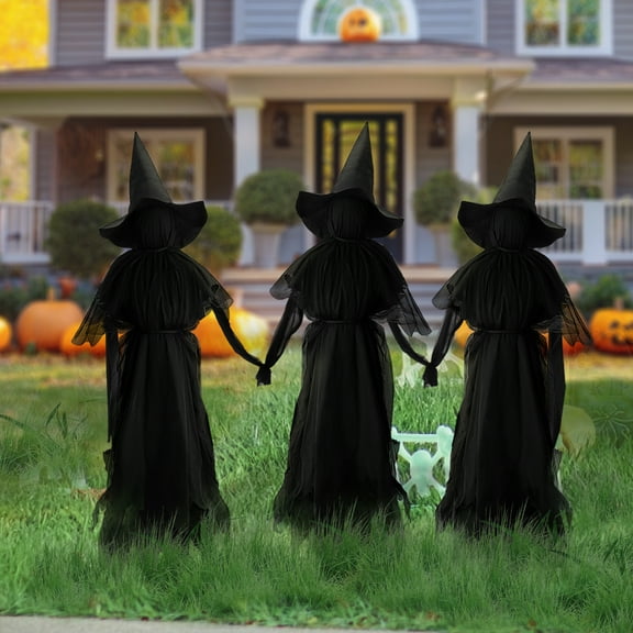 Halloween Decorations Outdoor - Lighted Halloween Witches Garden Stake, 3 Witches Holding Hands, Sound-Activated Sensor, Halloween Witches Outdoor Decorations for Yard Lawn Garden