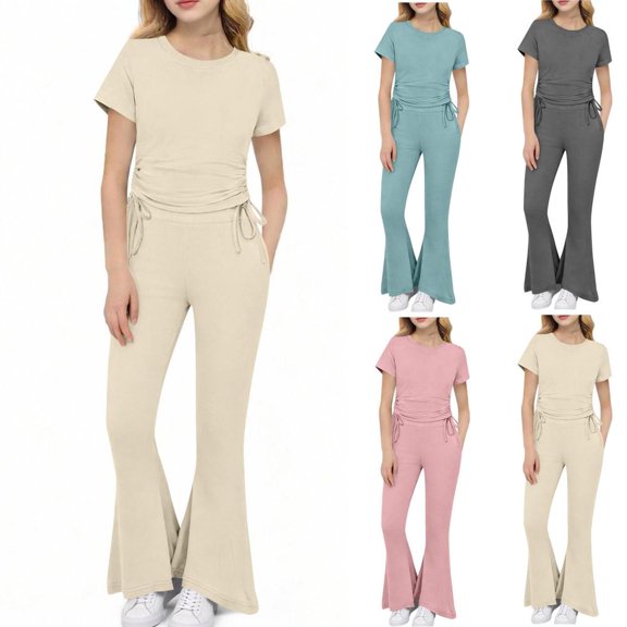 BXSRUTA Girls 2 Piece Outfit Ribbed Knit Crop Top with Ruched Drawstring High Waisted Flared Leg Pants Set