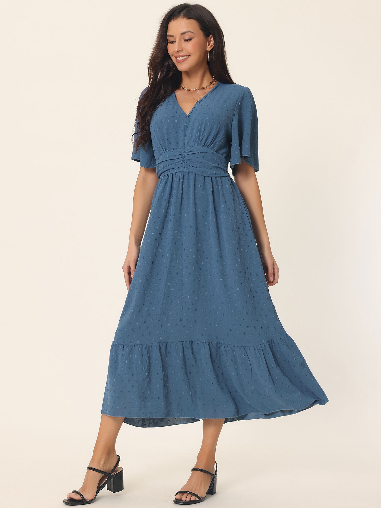 DARING DIVA Women's Swiss Dots Ruffle Midi Dresses M Blue
