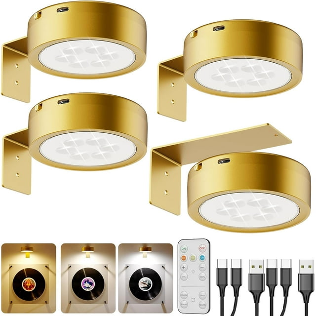 Applique Murale pour image à Batterie de 2600 mAh, Lumière photo Sans Fil rechargeable par USB avec Télécommande, Projecteur DEL à Intensité Réglable avec Batterie Magnétique, Lumière photo à Batterie, Or Chaud-Blanc