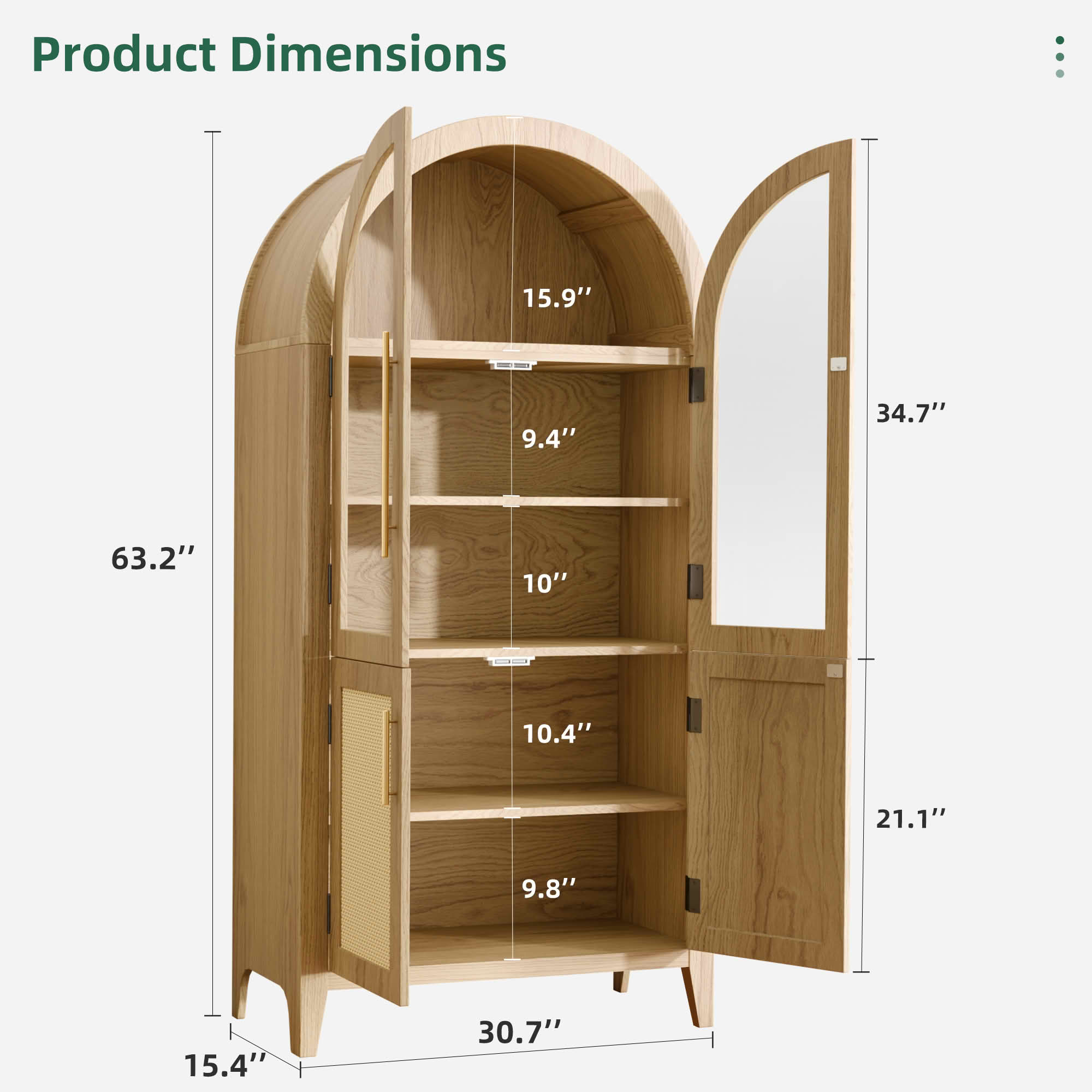 MAYEERTY 63" Oak Arch Cabinet with Glass Doors, for Home Office Living Room